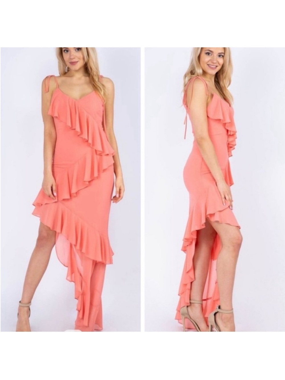 NWT Ruffled Coral Asymmetrical Midi Dress